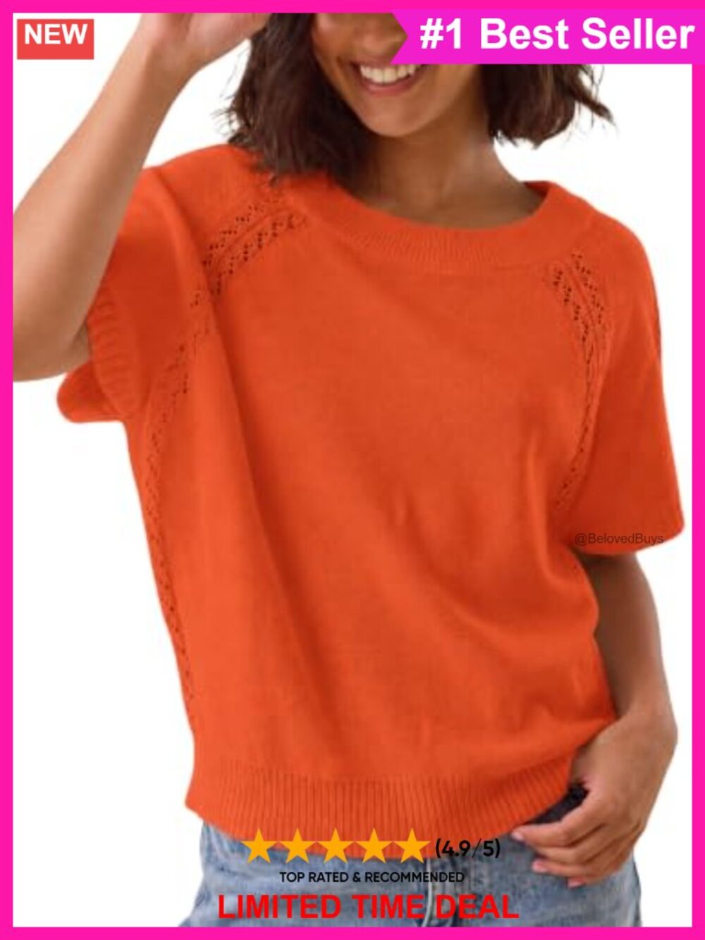 Women Knit Crochet Top Short Sleeve Crew Neck Loose Fit Pullover Sweater